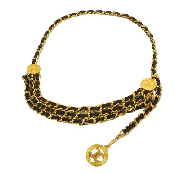 CHANEL Accessories Chanelauth Gold Metal Womens Leather Chain Belt